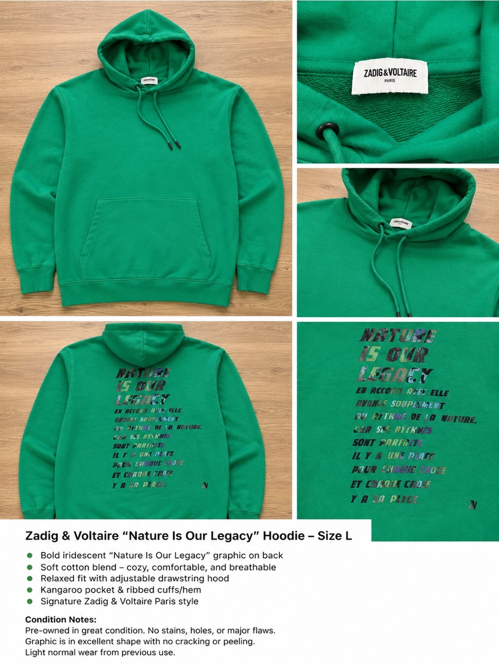 Zadig & Voltaire Green Pullover Hoodie with Iridescent Back Graphic